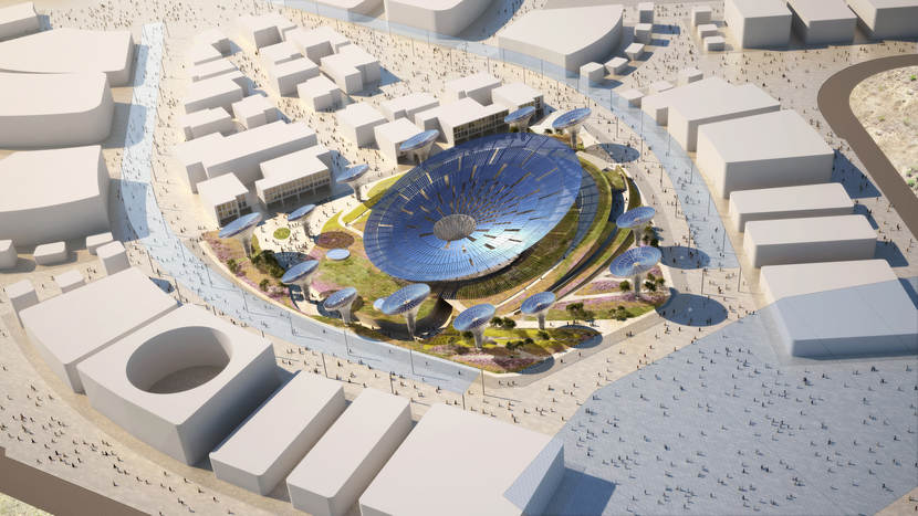 Schets van het centrale paviljoen in het duurzaamheidsdistrict.