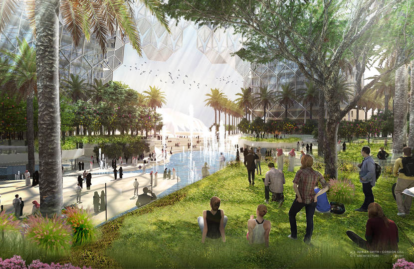 Schets van het Al Wasl plein, het middelpunt van de Dubai Expo 2020.