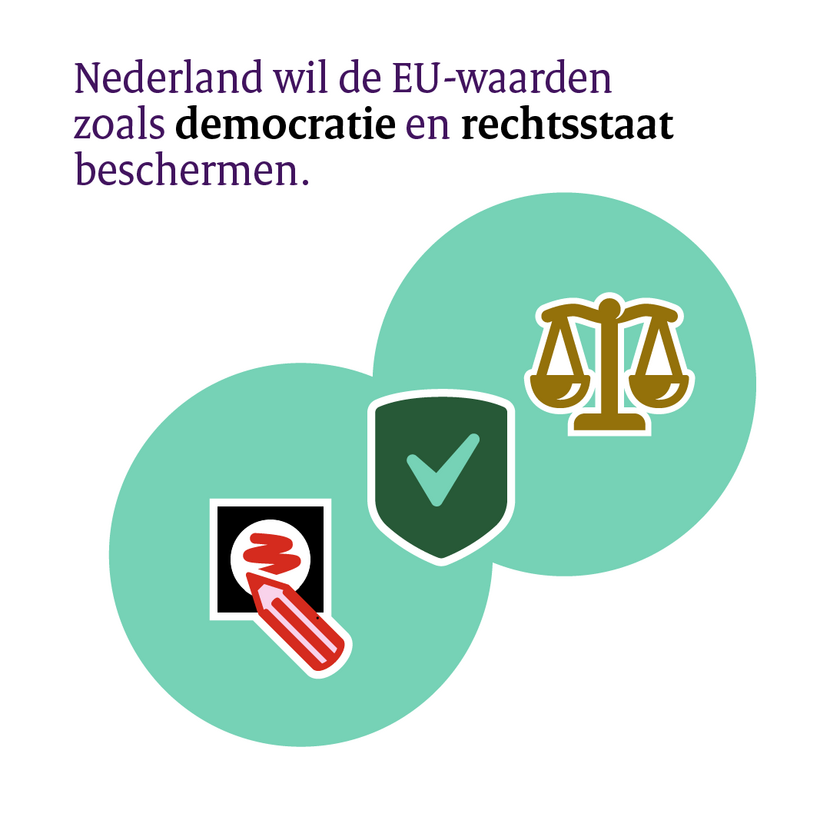 Nederland wil de EU-waarden zoals democratie en rechtsstaat beschermen.