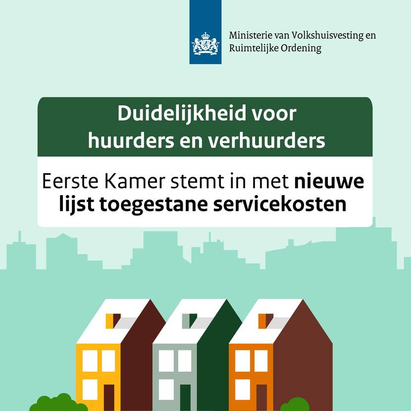 Afbeelding met drie huizen waarop staat geschreven: "Duidelijkheid voor huurders en verhuurders. Eerste Kamer stemt in met nieuwe lijst toegestane servicekosten".