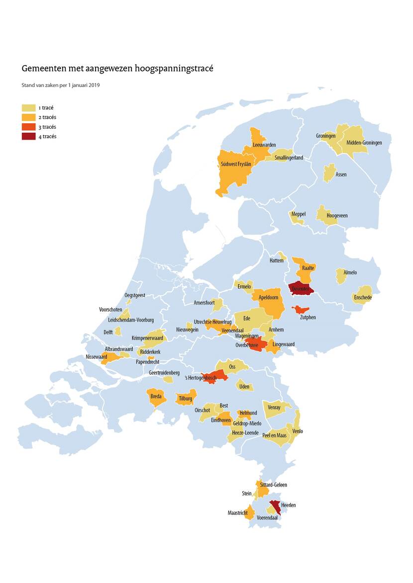 Gemeenten met aangewezen hoogspanningslijnen die verkabeld of verplaatst kunnen worden